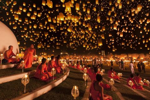 Buddhist Monks, in           Yi Peng          Celebrating     The Lantern Festival 